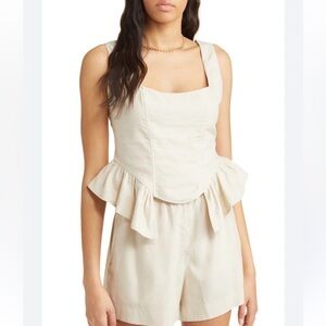 Open Edit Peplum Corset Linen Blend Ruffle Top, Sz Med, Beige Oatmeal